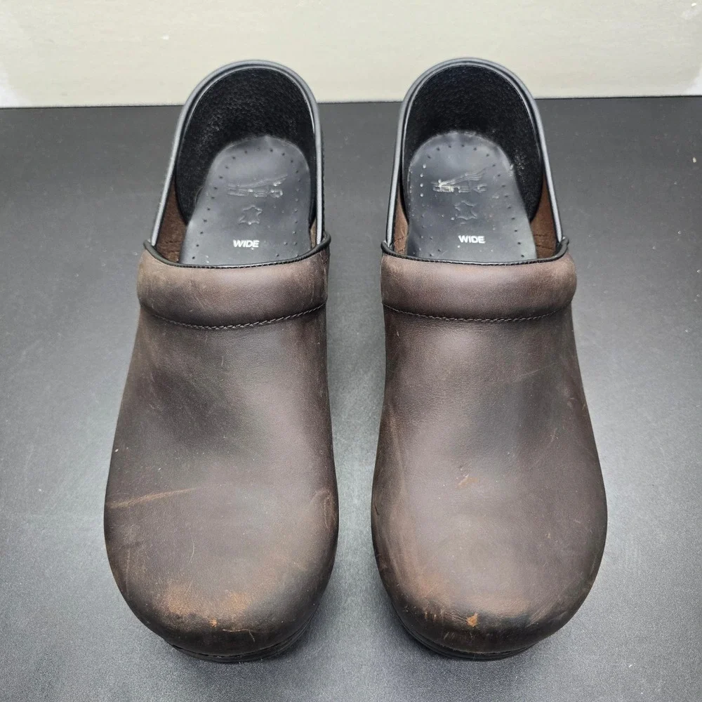 Dansko Professional Mens 46 Wide Antique Brown Oiled Leather Clogs Work Shoes